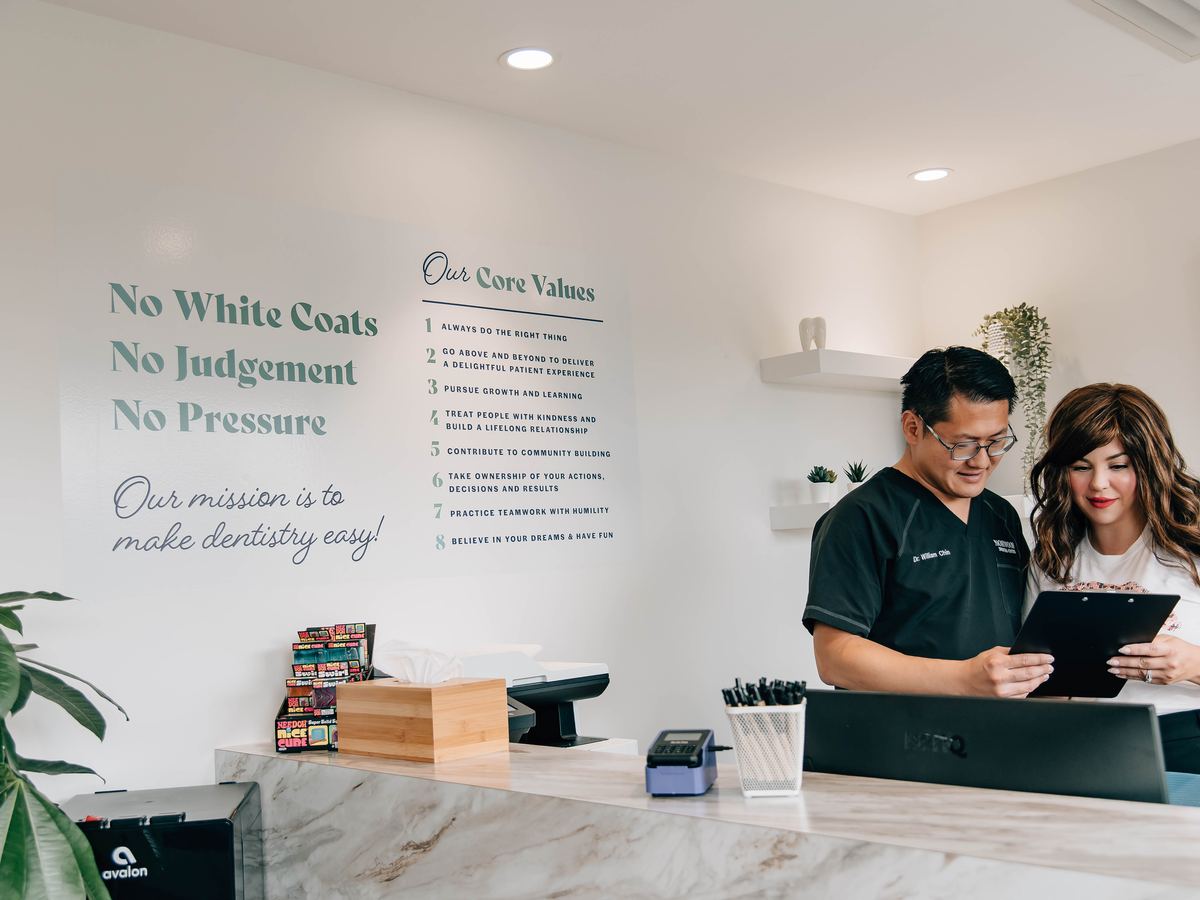 No White Coats, No Judgement, No Pressure brand wall at Norwood Dental Centre